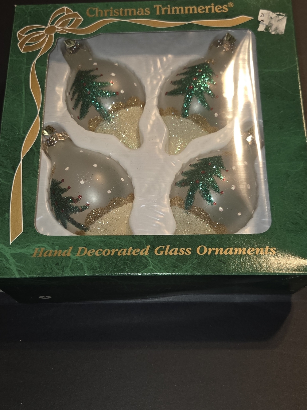 Hand-Decorated GlassVintage 90s Christ Ornaments - Silver and Green (Set of 4)